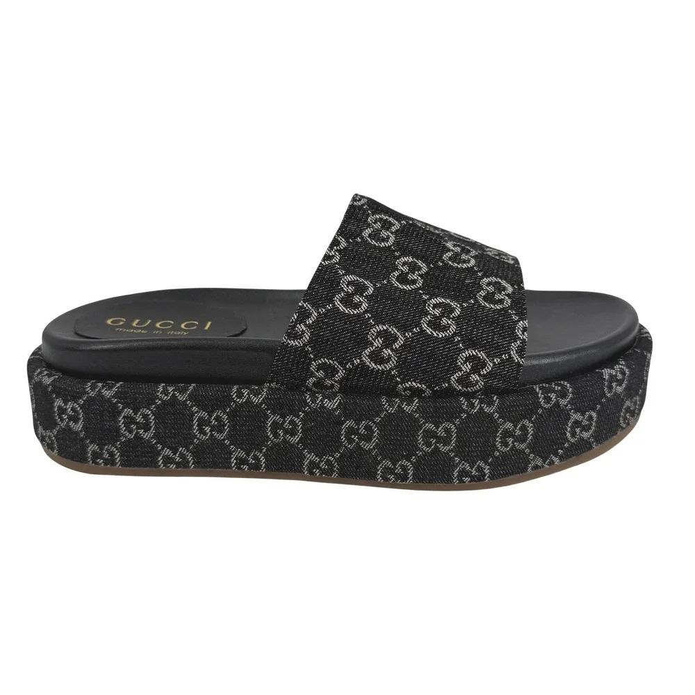 Gucci Platform Slides Womens 42/US 12 Black GG Monogram Denim Sandals Condition